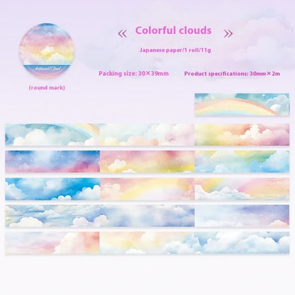 Roll of Japanese paper sky theme washi tape showing colourful clouds design, 30mm width
