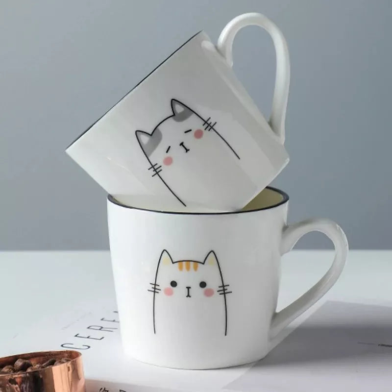 Ceramic coffee cup with cartoon cat design, perfect for couples and coffee enthusiasts