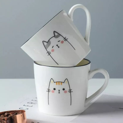 Ceramic coffee cup with cartoon cat design, perfect for couples and coffee enthusiasts