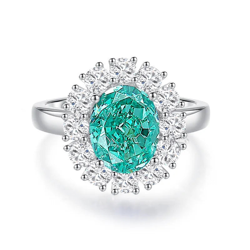 S925 silver emerald ring with palaibahao inlaid high carbon diamond, geometric design with elliptical elements