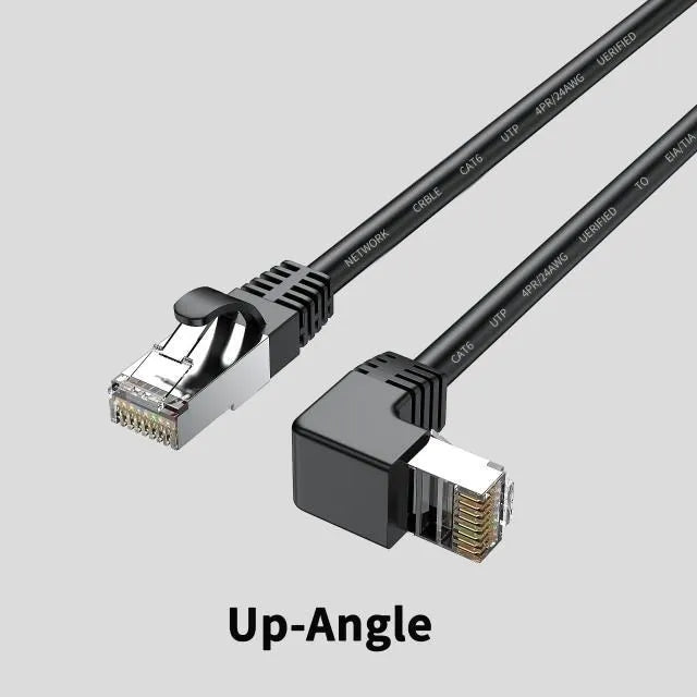 Black Cat6 Ethernet cable with a right-angled metal RJ45 connector, showing the 90-degree bend and cable length.