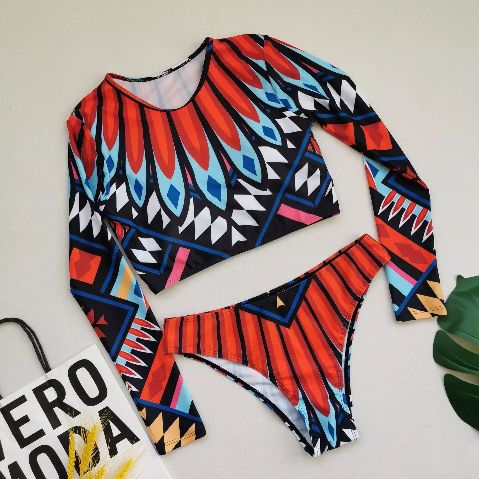 Ladies high waist swimwear set in feather color, 100% polyester, sizes S to 2XL