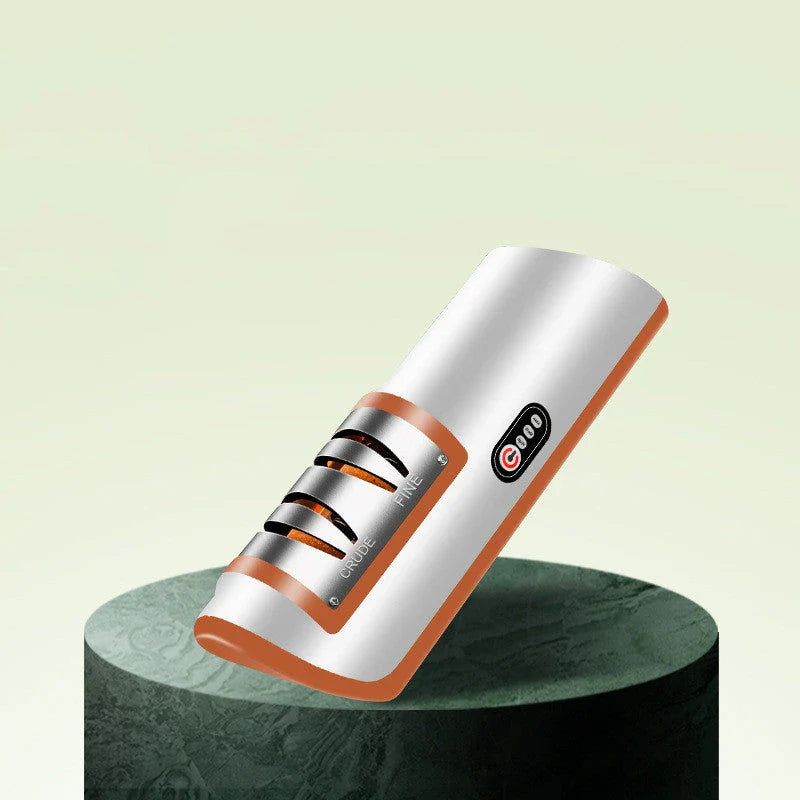 Electric knife sharpener with USB recharging, adjustable settings, and modern design for precise, easy blade honing
