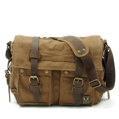 Men's retro crossbody canvas shoulder bag with cowhide trim in horizontal rectangular shape