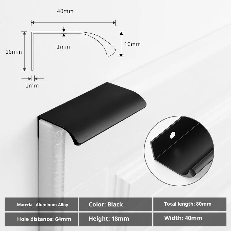 No-drill hidden cabinet handle in aluminium alloy, black or gold, long pull for wardrobe or kitchen door