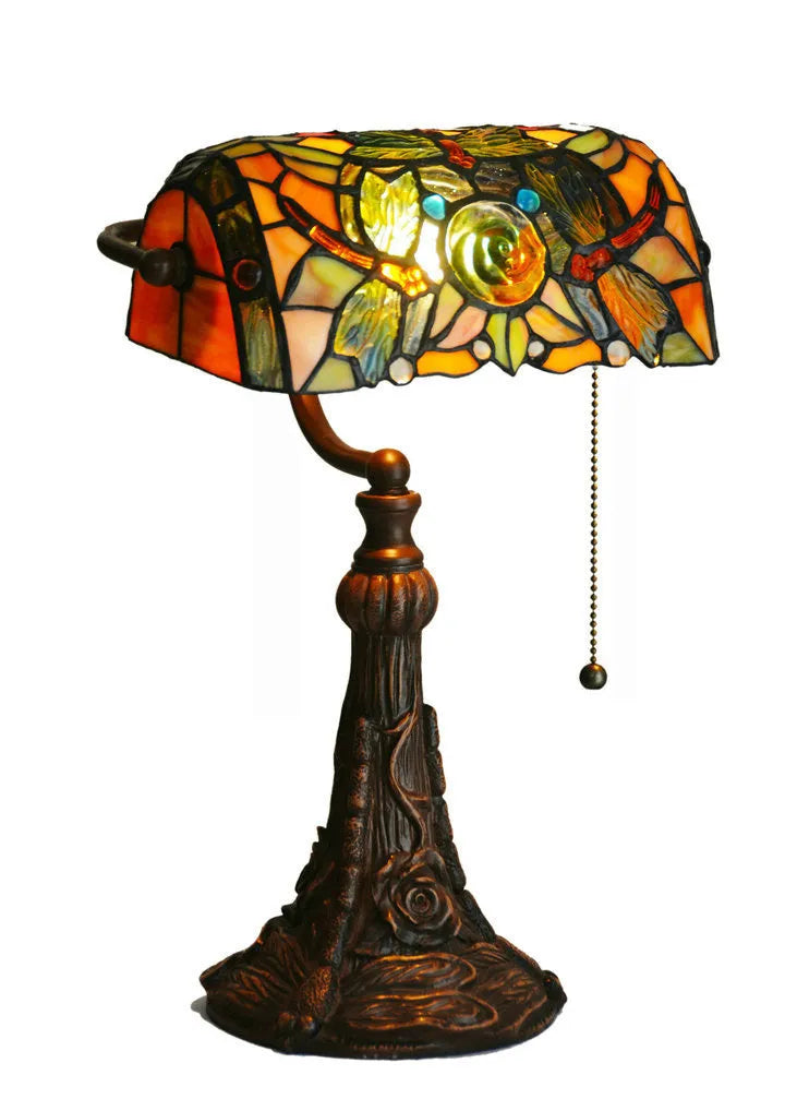 10-inch Tiffany table lamp with stained glass lampshade and resin base, 36cm height, on a study desk