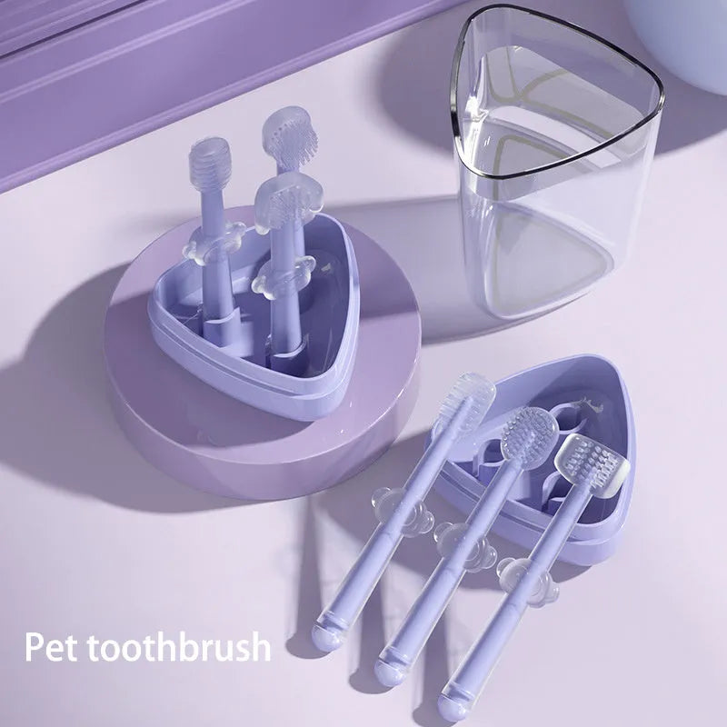 Silicone pet toothbrush with long handle in blue, green, and purple colour options