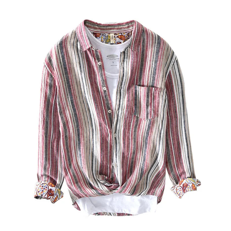 Men's striped linen shirt in red and grey colours with long sleeves and loose fit