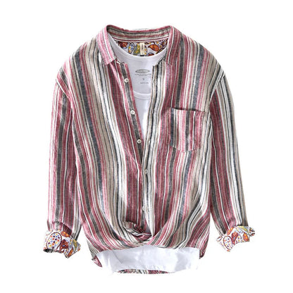 Men's striped linen shirt in red and grey colours with long sleeves and loose fit
