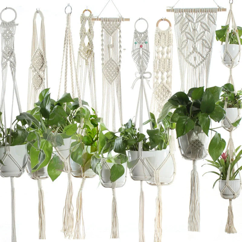 Beige cotton rope hanging basket with various styles for indoor plant display