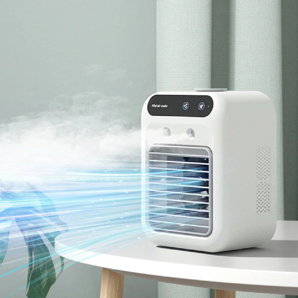 Portable air conditioner with water cooling and humidifying capabilities, ideal for indoor climate control in home, office, or car