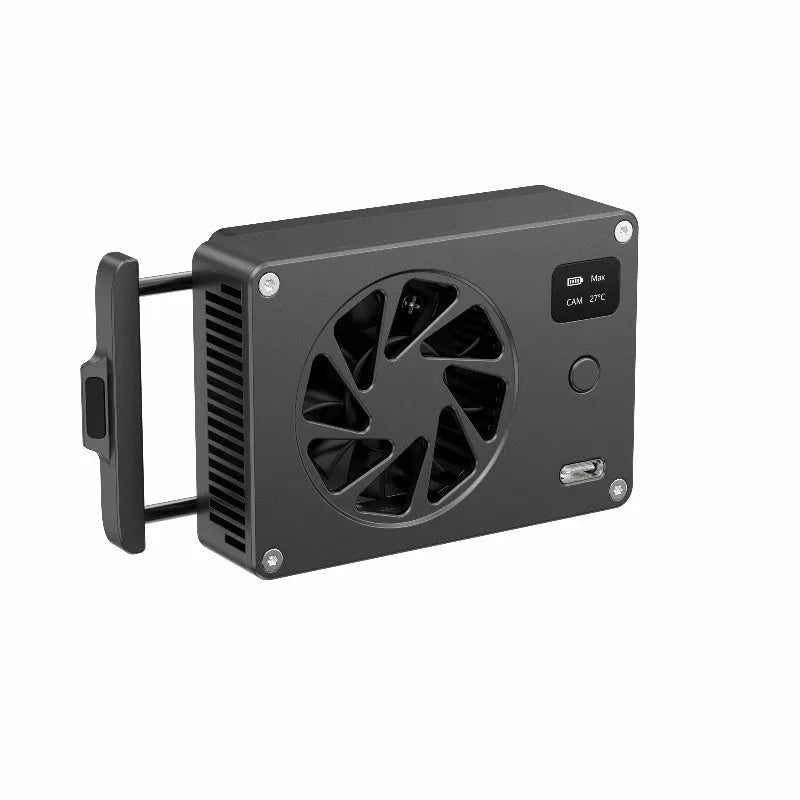 Black aluminium alloy PC cooling radiator with integrated fan, dimensions 89mm by 52mm by 25.95mm.