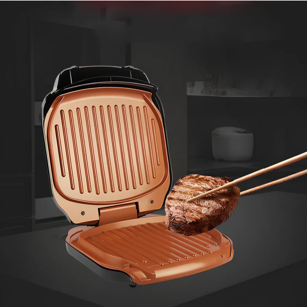 Double-sided kitchen grill with bakelite panels and 85cm power cord showing 24x28cm cooking surface