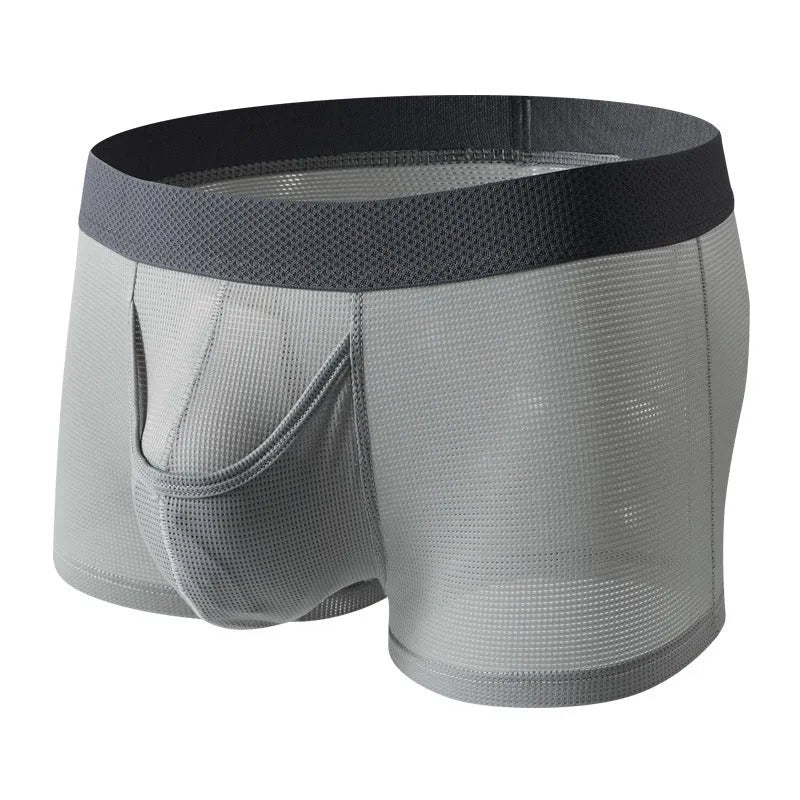 Men's ice silk boxer briefs in black, white, and grey colours showing mesh fabric and low-waist design