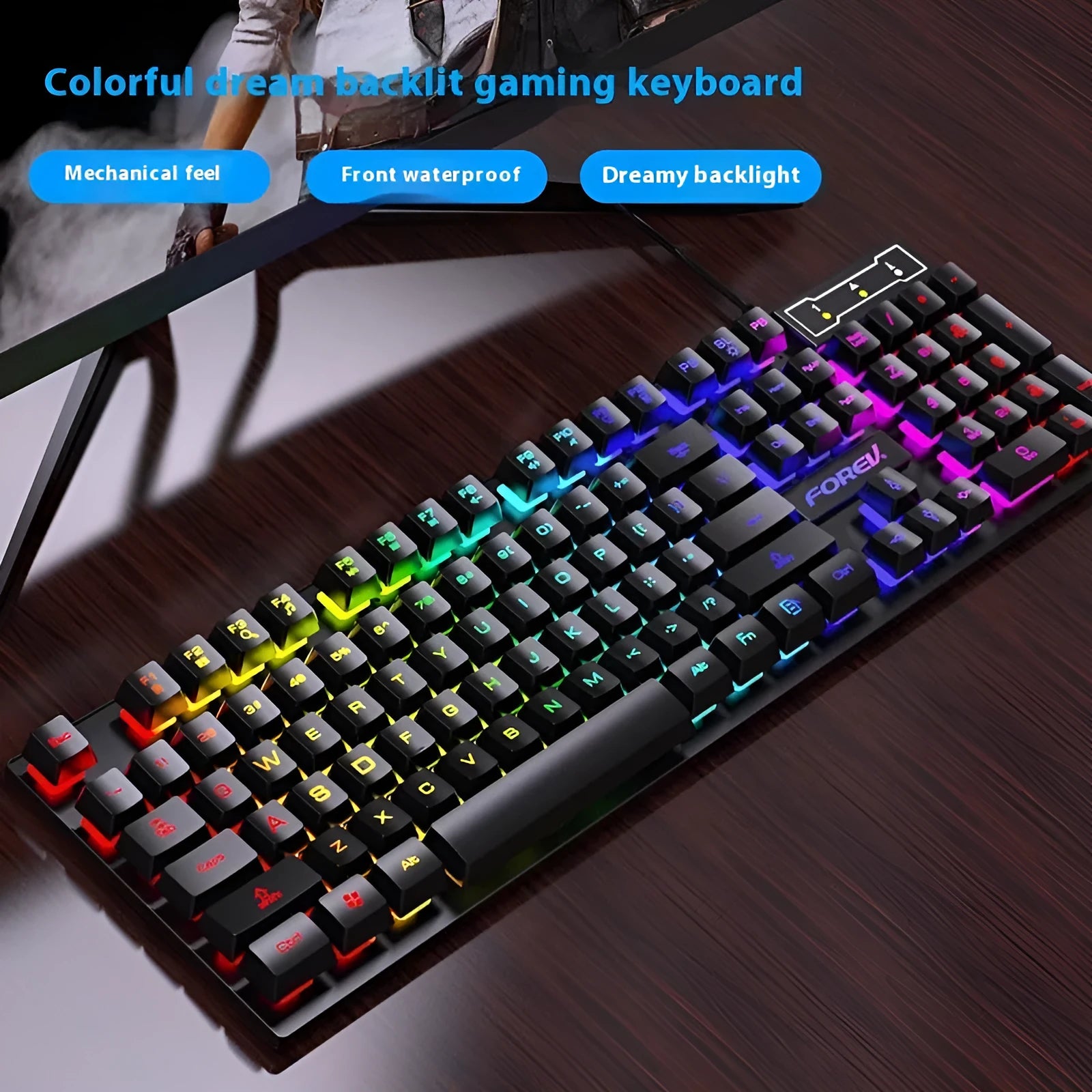 Black portable 104-key gaming keyboard with backlight showing compact design and 1.5m cable
