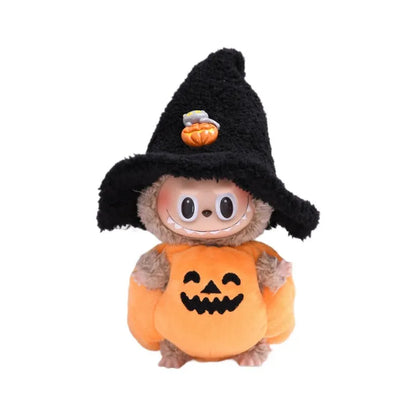 Halloween pumpkin doll clothes with black hat, plush two-piece set, shown as doll clothing and car or curtain decoration.