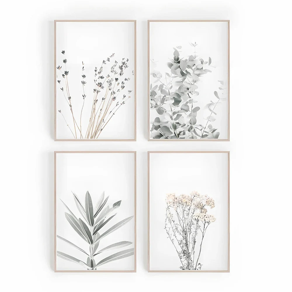 Frameless canvas painting with detailed flower, grass and leaf botanical patterns in Nordic style