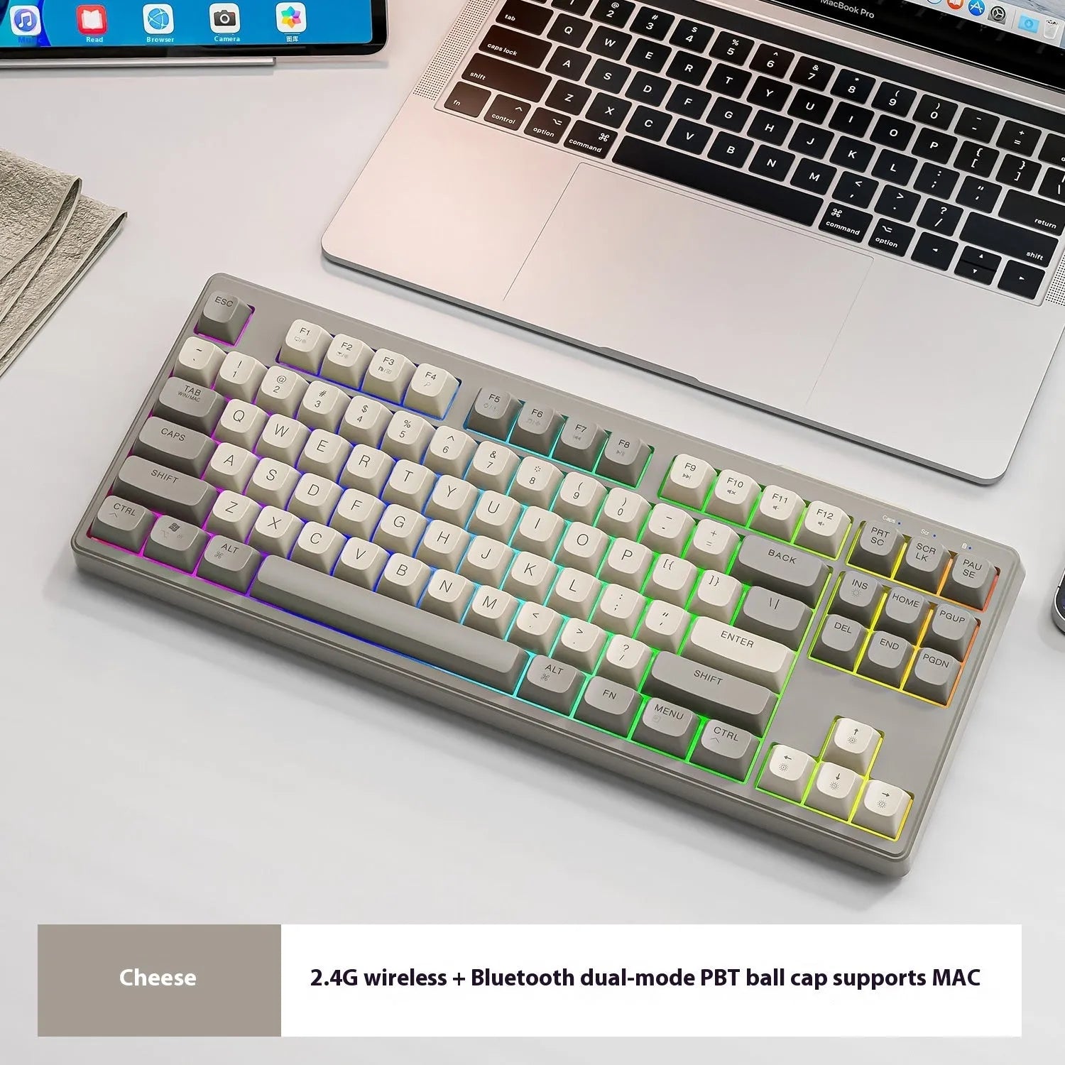 Wolf M87 wireless Bluetooth dual-mode mechanical feeling keyboard in blueberry colour on a desk