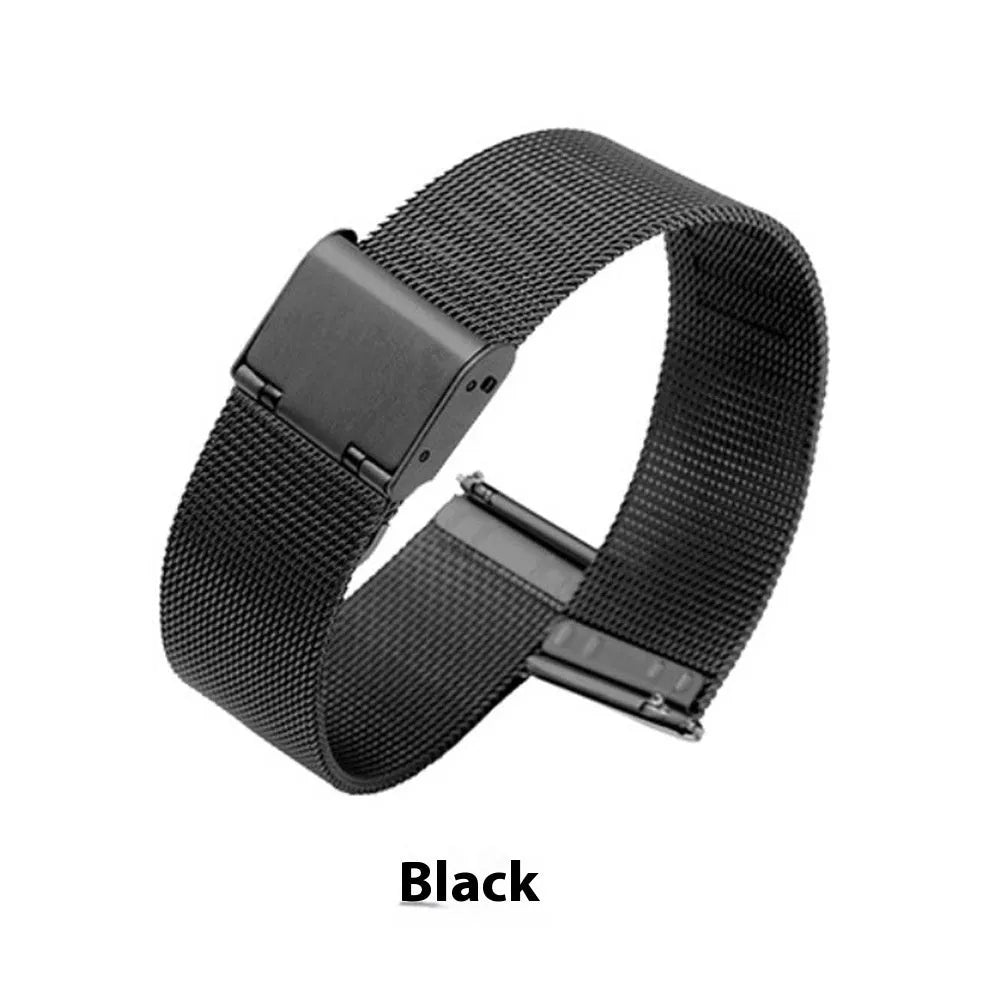 Milani silk woven stainless steel watch band showing metallic finish and woven texture, available in multiple width sizes