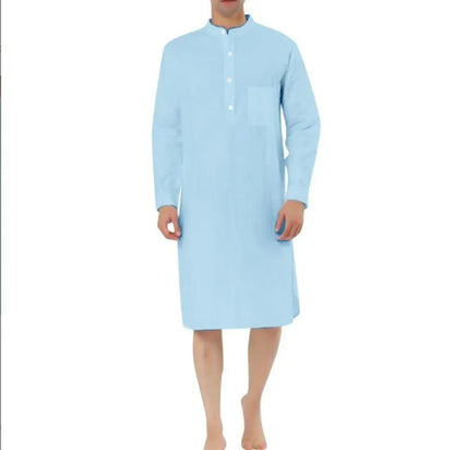 Men's cotton shirt robe in a light blue colour with a front chest pocket and button front.