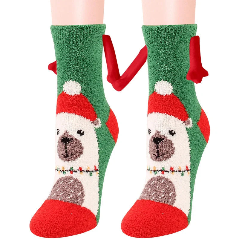 Christmas couple socks with magnetic connection feature and 3D animal patterns