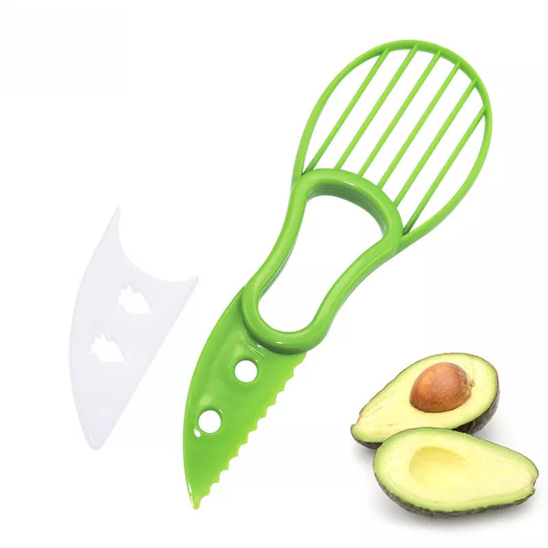Multifunctional avocado knife in green and orange for slicing and peeling fruits