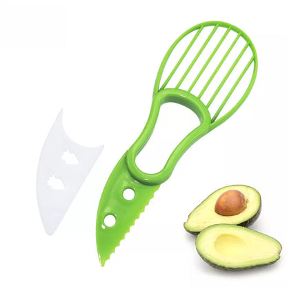 Multifunctional avocado knife in green and orange for slicing and peeling fruits