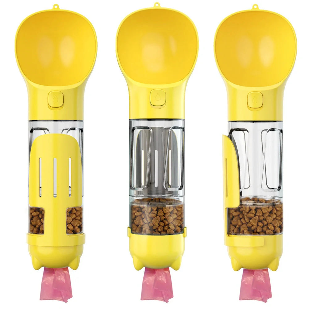 Aquamarine portable dog water bottle with attached poop bag dispenser and treat holder compartment