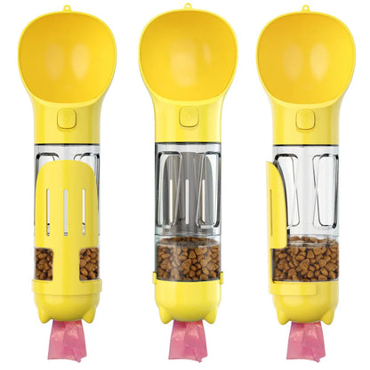 Aquamarine portable dog water bottle with attached poop bag dispenser and treat holder compartment