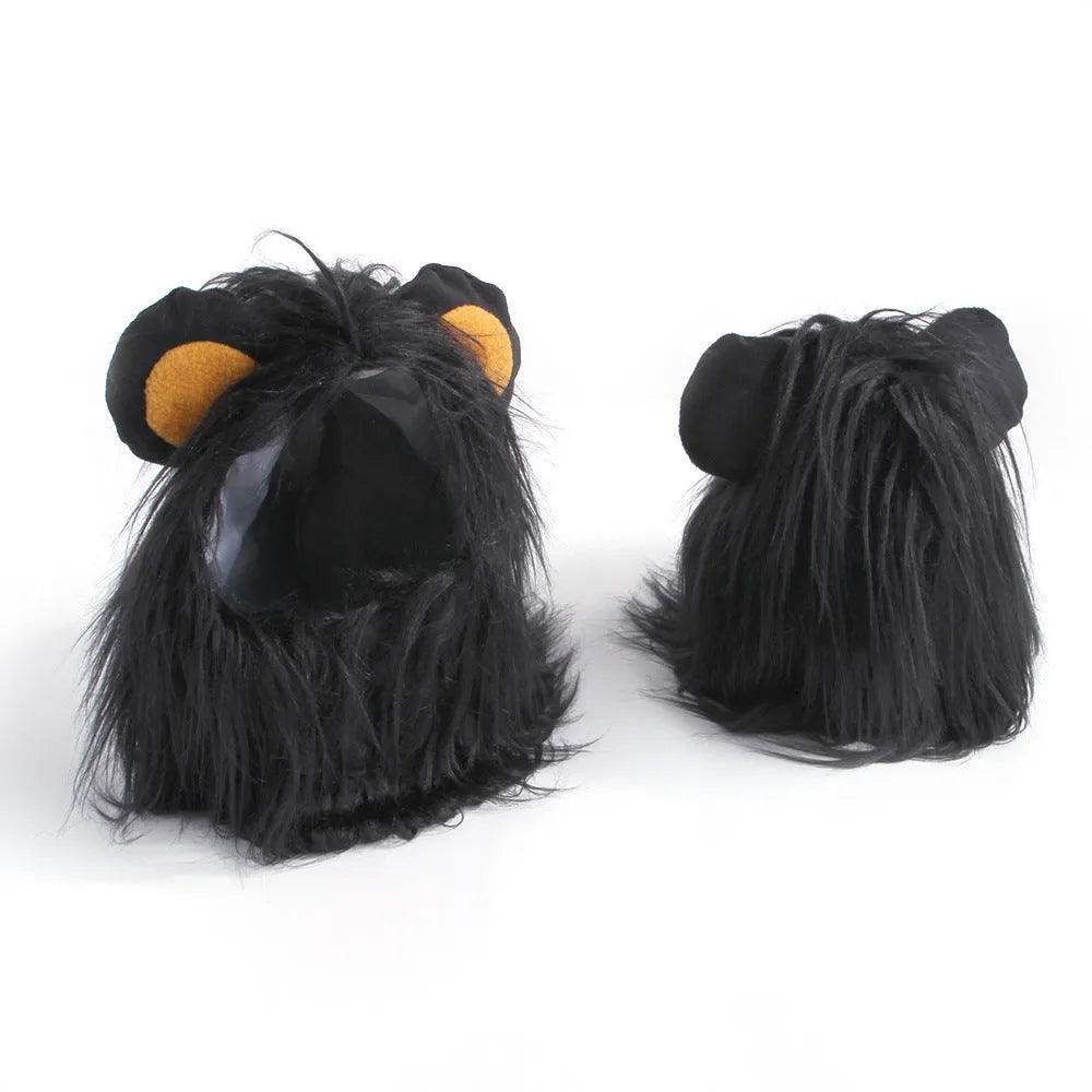 Black lion headgear wig hat costume accessory fitting on cat's head