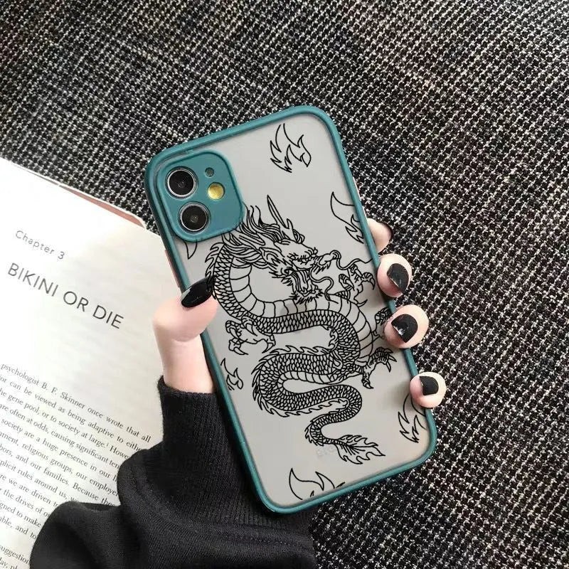 Frosted iPhone case with dragon line art in black, showing Chinese-style painted design and TPU PC back cover.