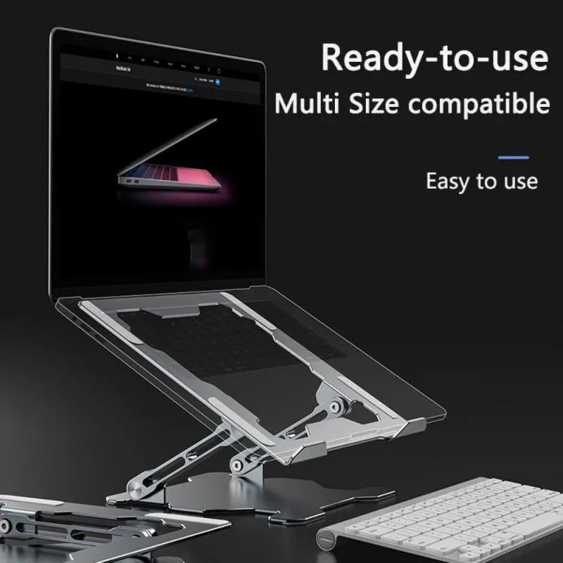Grey aluminium alloy laptop stand with adjustable angle and folding legs for portable use