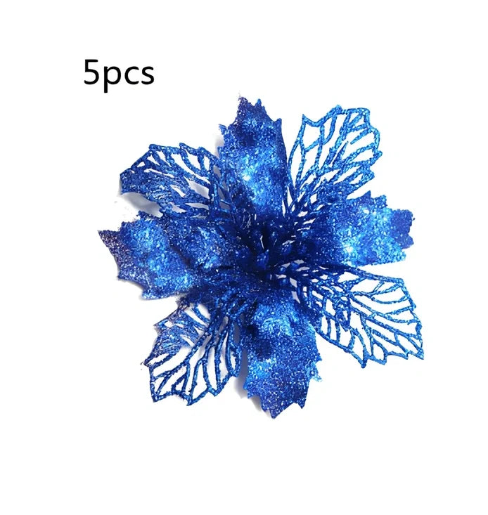 Glitter artificial Christmas flowers measuring 11cm with sparkling coating in various colour options