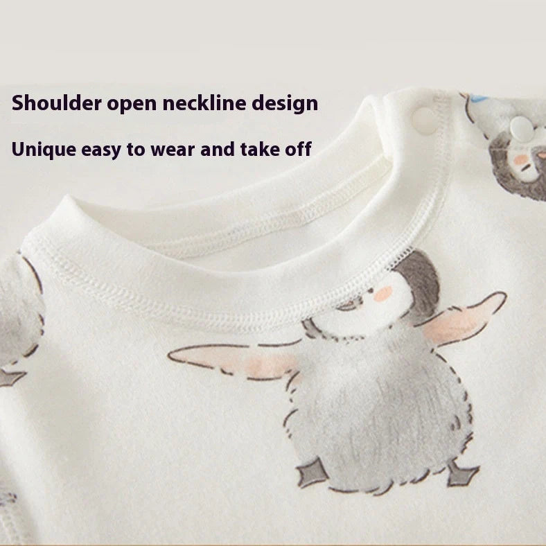 Cotton baby long johns set with penguin cartoon design, showing long sleeves and pants