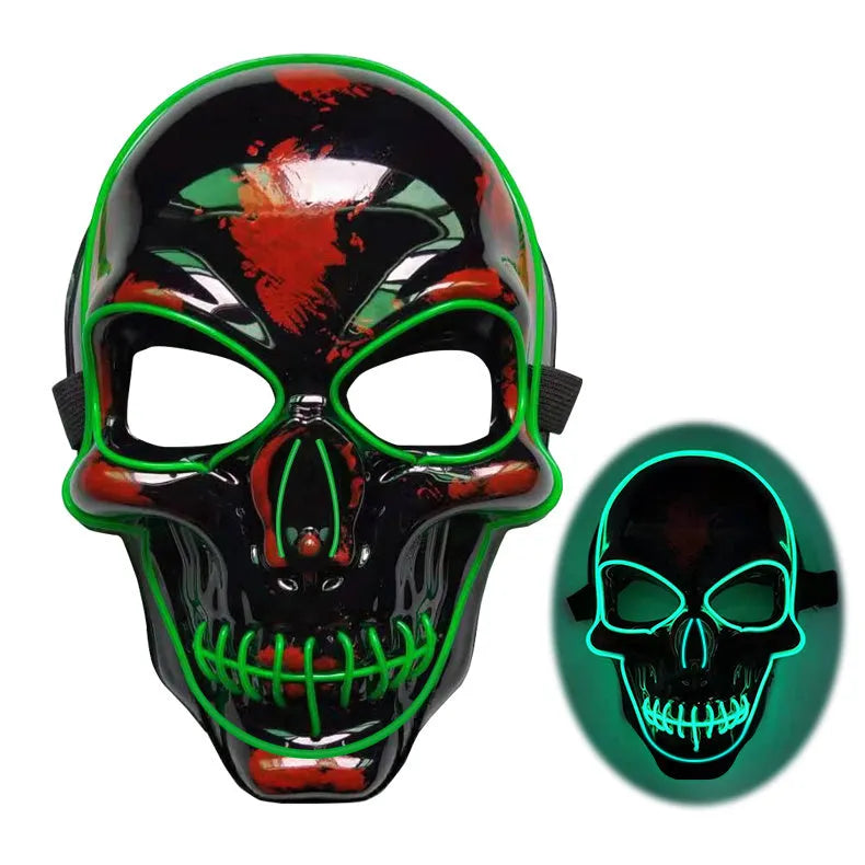 Blue LED glow skeleton mask with flashing lights on a person's face