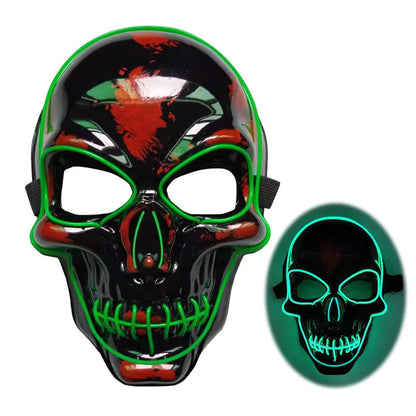 Blue LED glow skeleton mask with flashing lights on a person's face