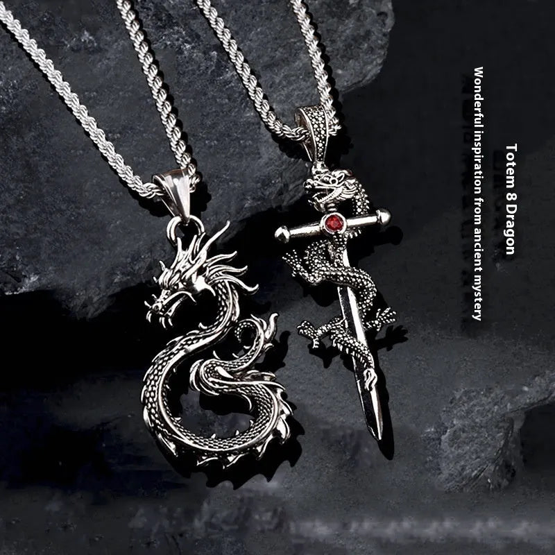 Dragon sword pendant necklace with black electroplated alloy charm and 60cm titanium steel hemp flower chain