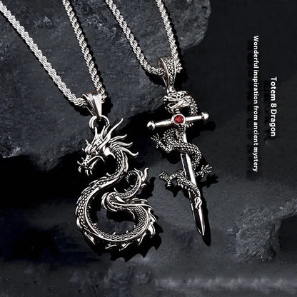 Dragon sword pendant necklace with black electroplated alloy charm and 60cm titanium steel hemp flower chain