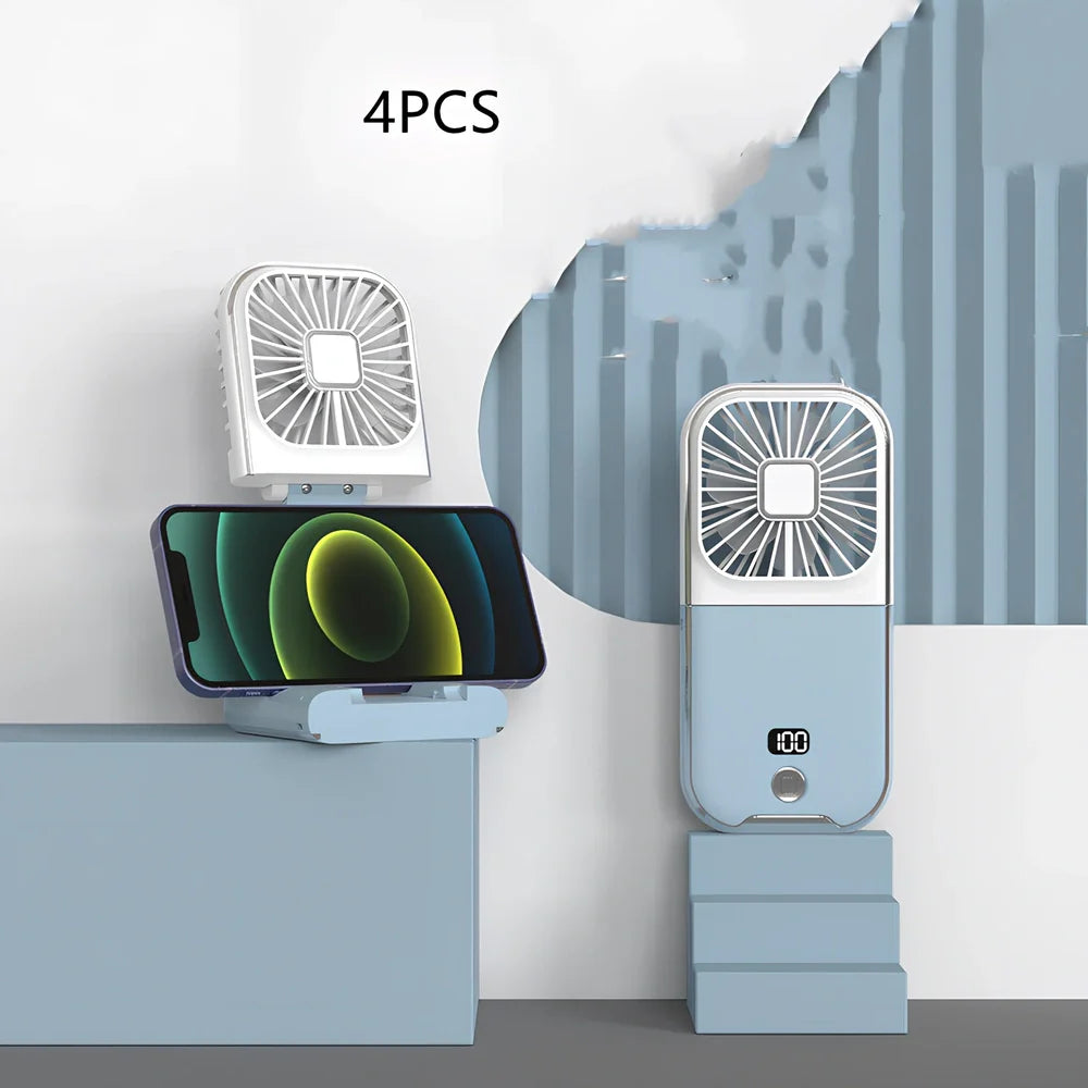 F30Pro folding portable handheld fan in white with digital display, 169x81x20mm size, USB charging, plastic blades for cooling