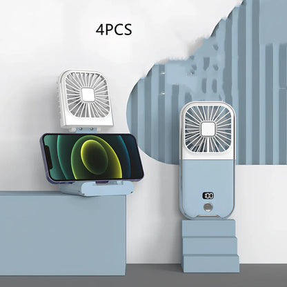 F30Pro folding portable handheld fan in white with digital display, 169x81x20mm size, USB charging, plastic blades for cooling