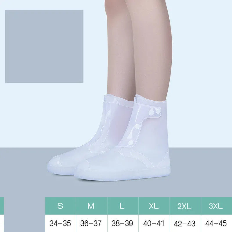 White high top PVC waterproof shoe cover for women with anti-skid sole.