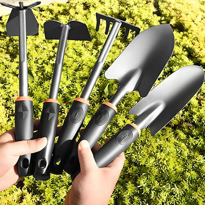 Five-piece small shovel set with black carbon steel heads and plastic handles for flower planting