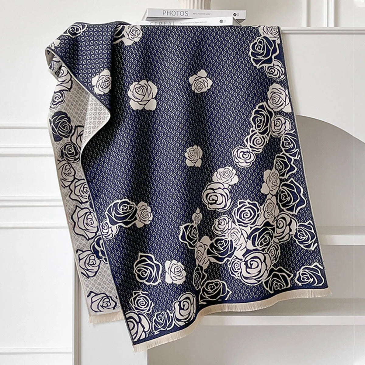 Imitation cashmere scarf with tassel fringe in grey, black, blue, or khaki colours measuring 185x65cm