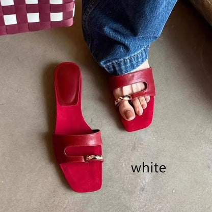 Plus size square toe outdoor slippers in leather and rubber, showing scaffolded square head shape