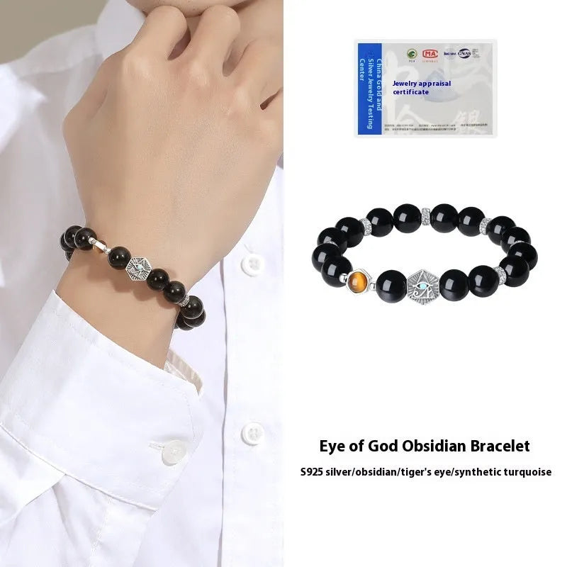 S925 sterling silver men's bracelet with obsidian God's Eye geometric pattern in retro style