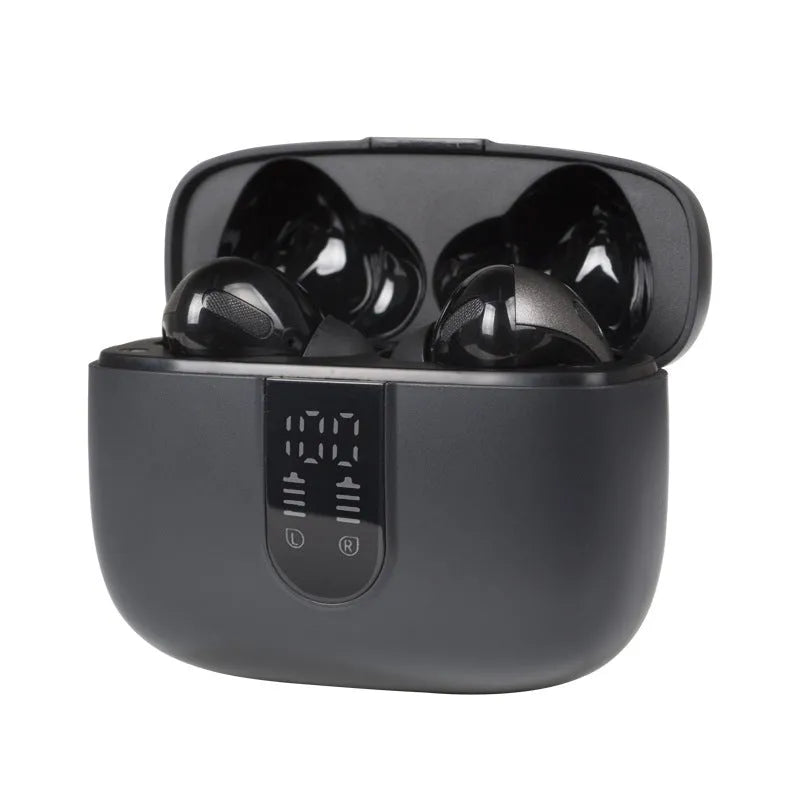 Jerry X08 wireless earbuds in charging case with digital battery percentage display on front.