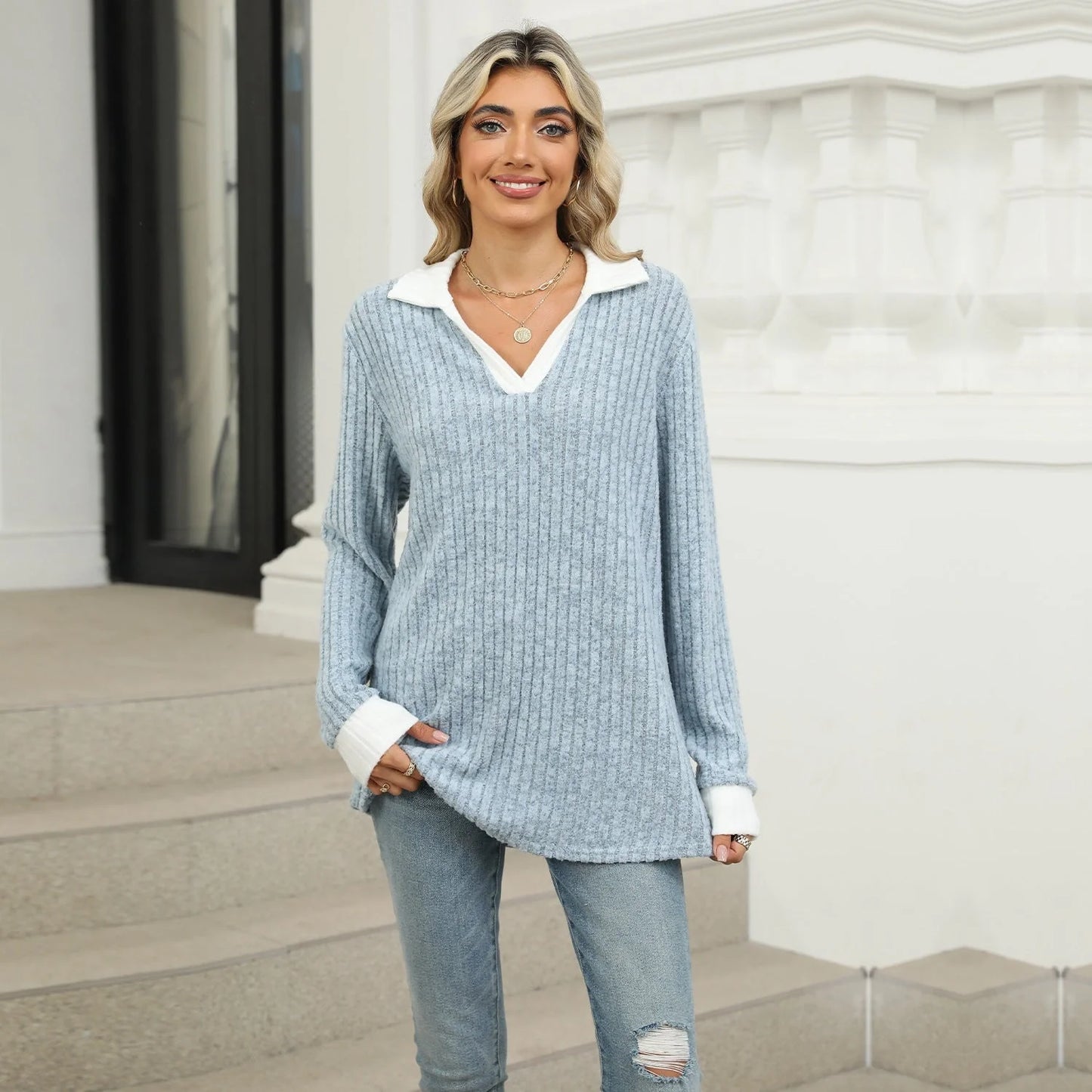 Women's loose-fit lapel long sleeve t-shirt in various colors