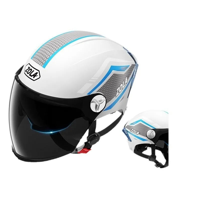 Men's and women's battery motorcycle half helmet with double mirror visor in light brown colour, 3C-certified ABS construction
