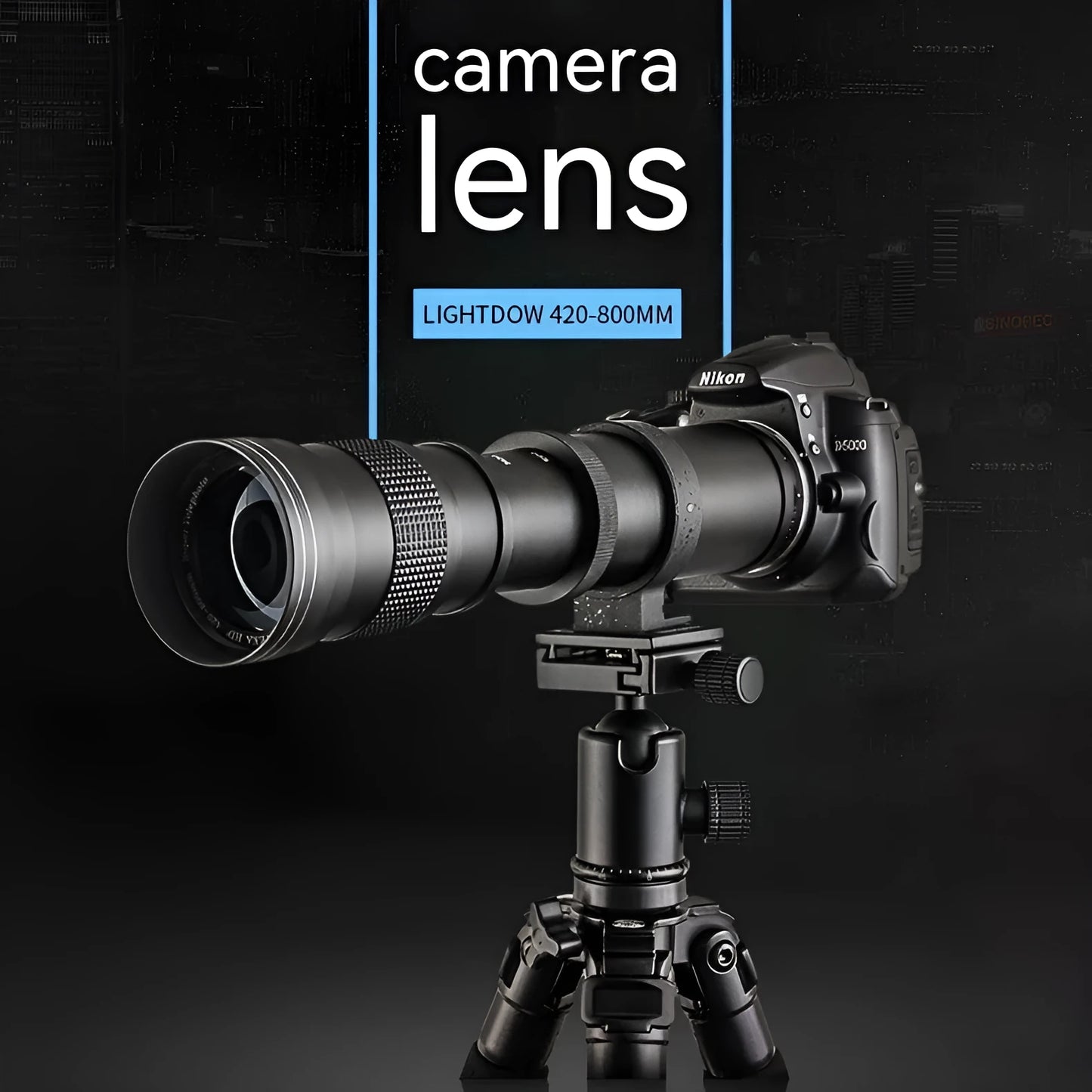 420-800mm manual telephoto zoom camera lens with silver barrel and T-mount adapter ring.