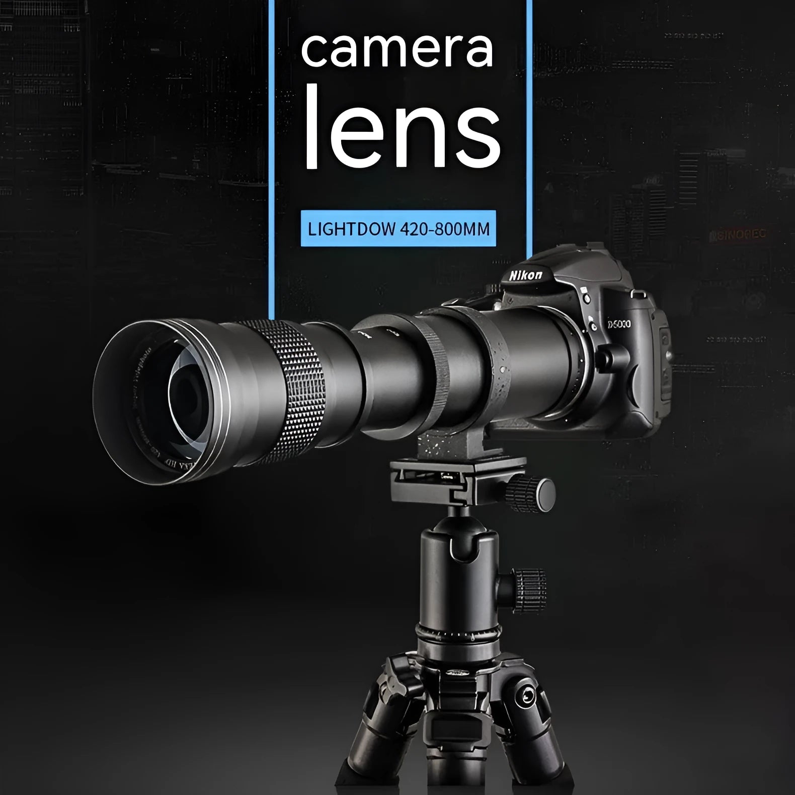420-800mm manual telephoto zoom camera lens with silver barrel and T-mount adapter ring.